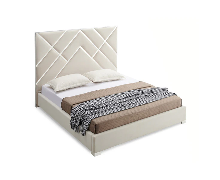 Bed Frame Fabric Upholstery  Stainless Steel Feet in King Beige