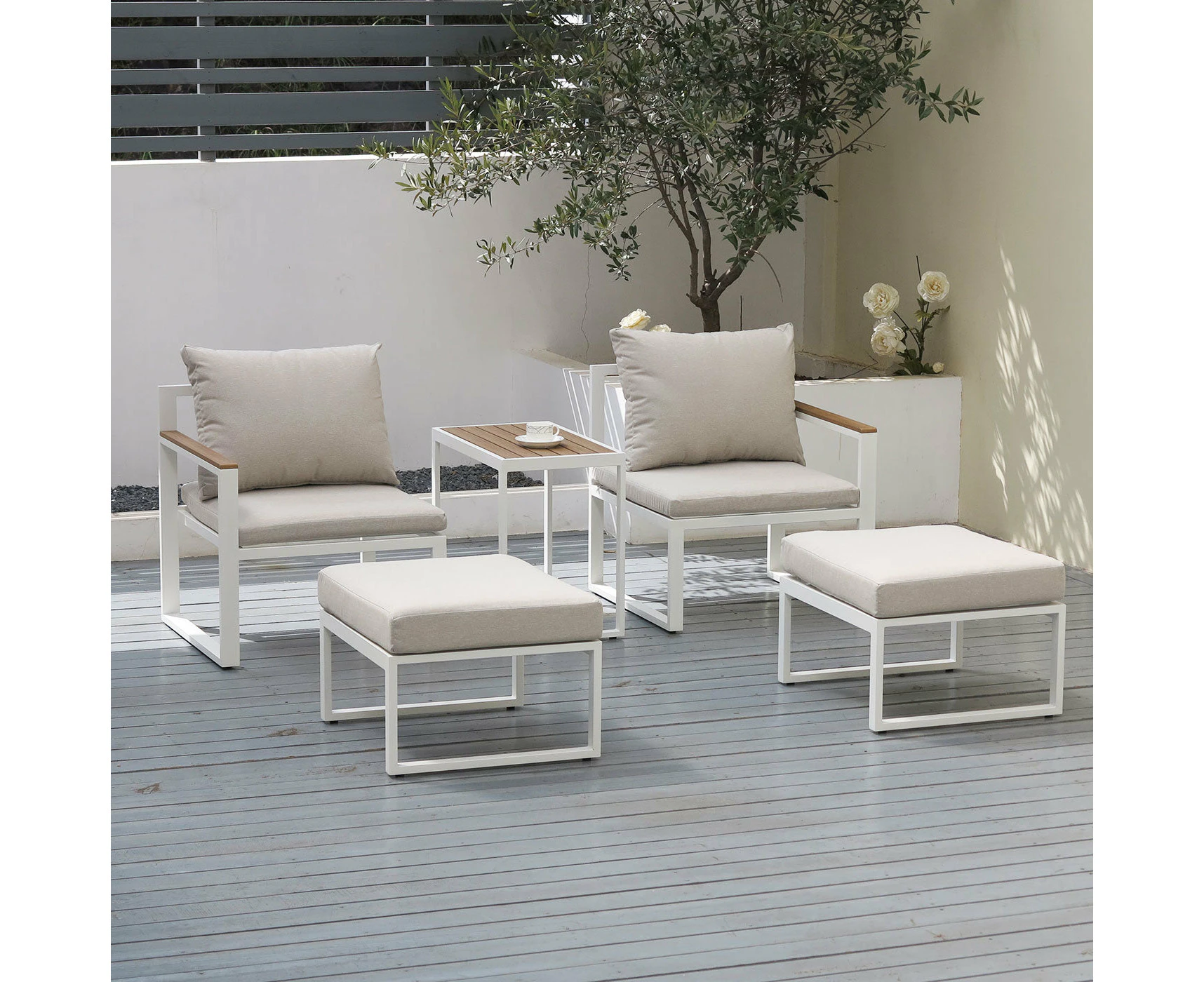 Sunbury 5 Piece White Outdoor Armchair Furniture Set With Stools & Table