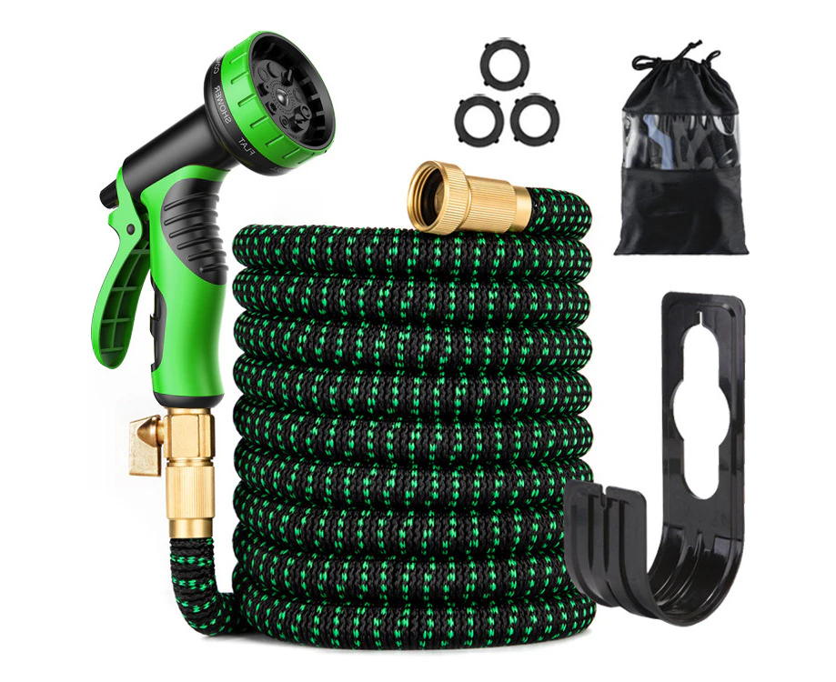 100-foot expandable garden hose with 9-function flexible nozzle strong water hose with solid brass connections and double latex core