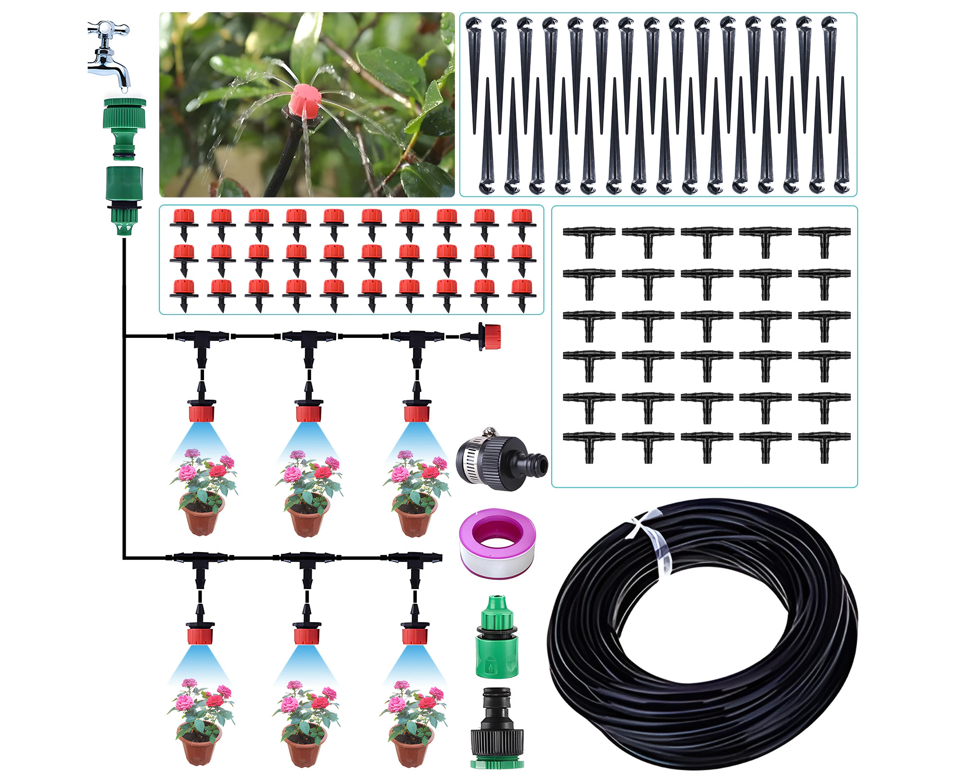 Automatic Drip Irrigation Kits for Garden 25m/82FT Automatic Garden Watering Misting System for Greenhouse / Yard / Lawn / Plant with 4/7-inch Distrib