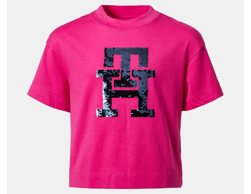 Tommy Hilfiger Girls' Monogram Sequins Short Sleeve Tee / T-Shirt / Tshirt - Pink