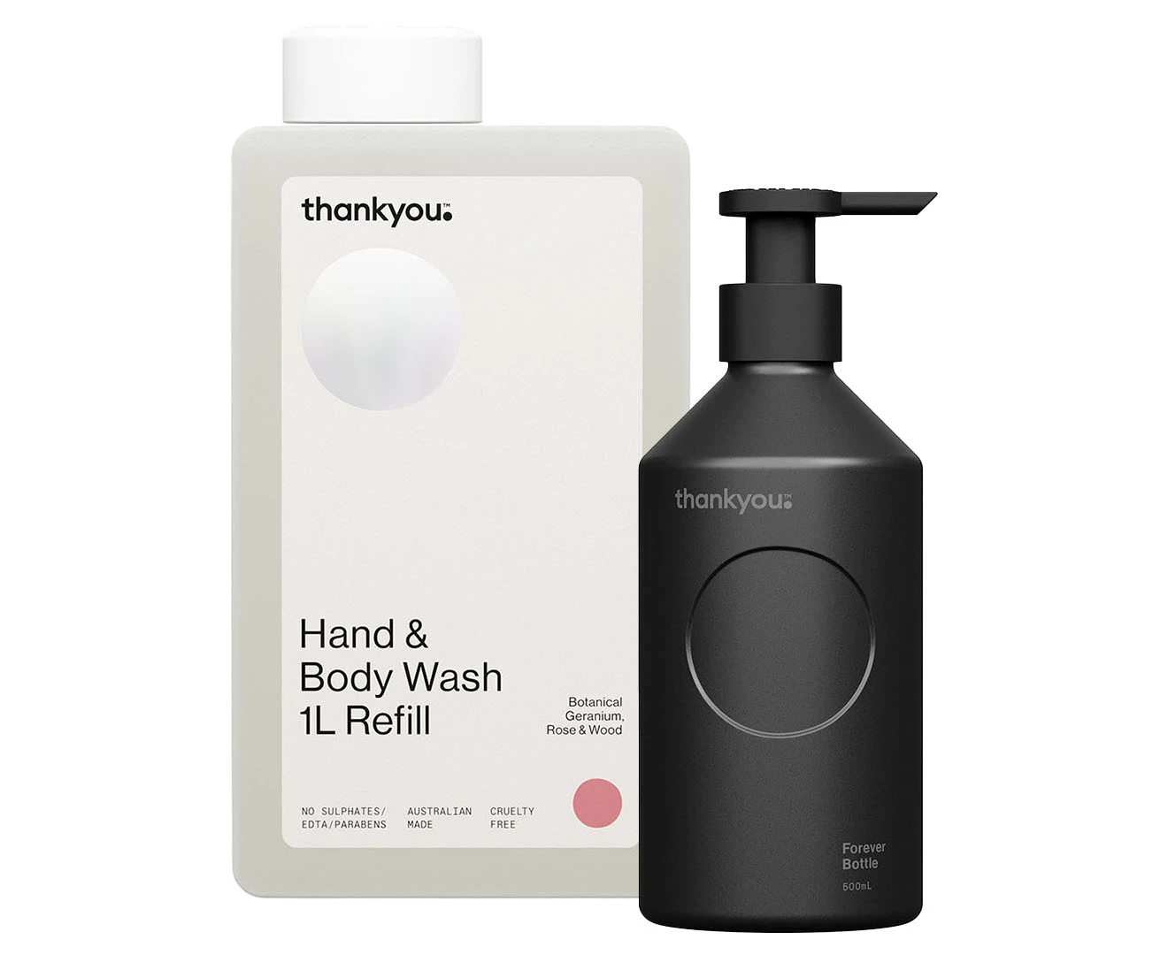 Thankyou. Hand & Body Wash Refill Botanical Geranium, Rose & Wood + Forever Bottle - Black