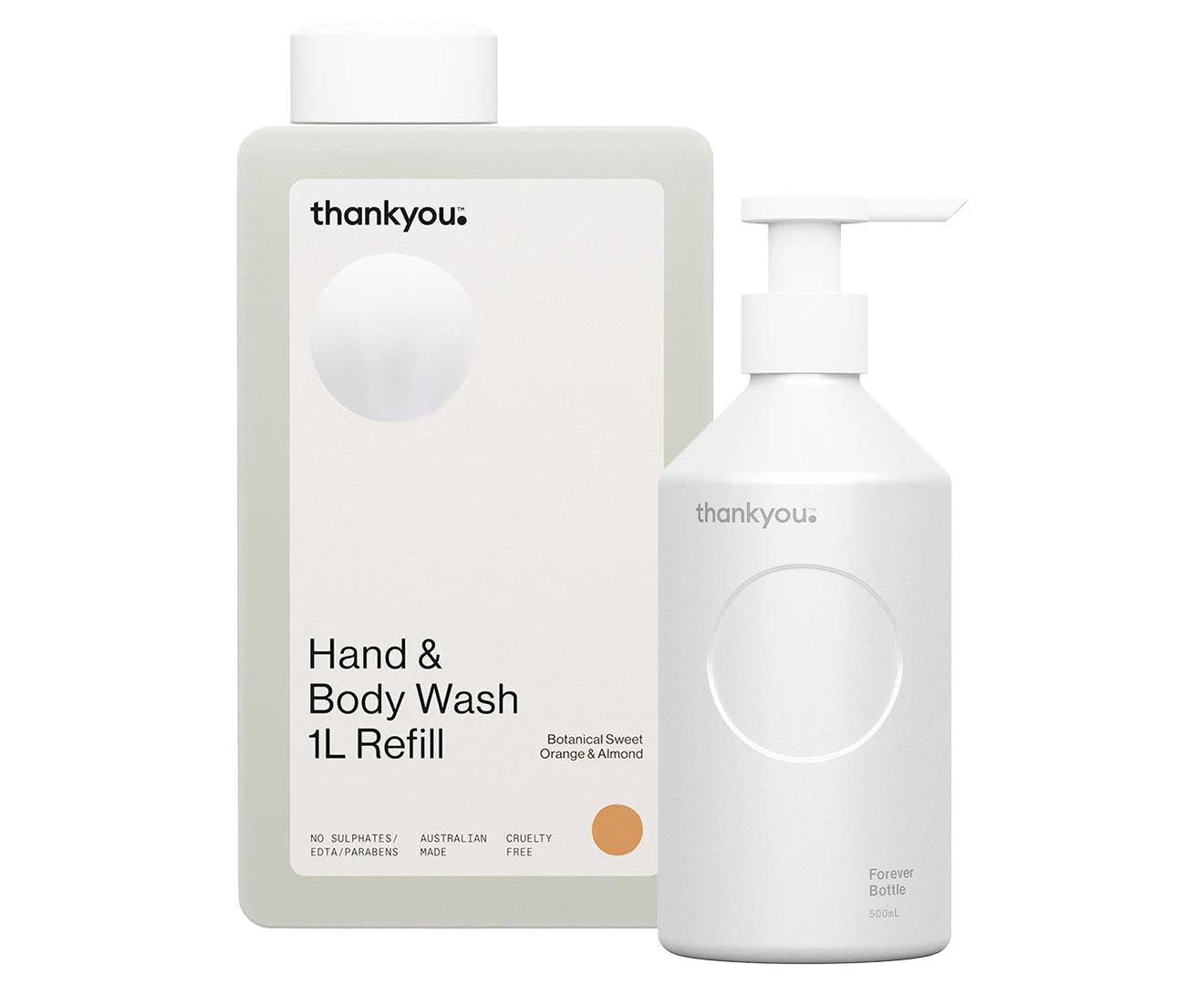 Thankyou. Hand & Body Wash Refill Botanical Sweet Orange & Almond + Forever Bottle - White