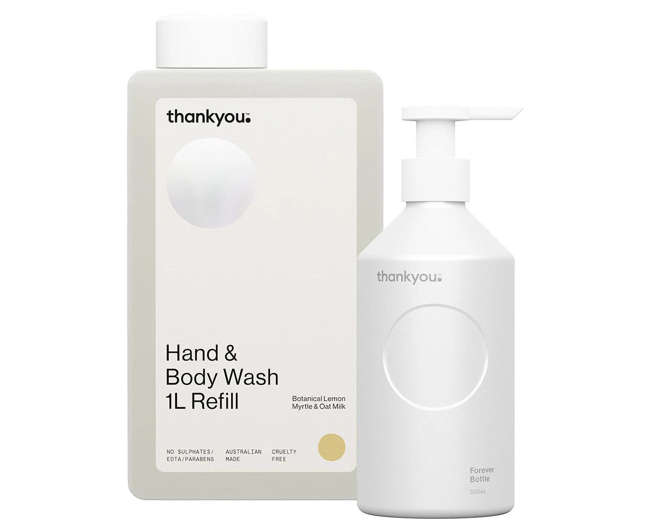 Thankyou. Hand & Body Wash Refill Botanical Lemon Myrtle & Oat Milk + Forever Bottle - White