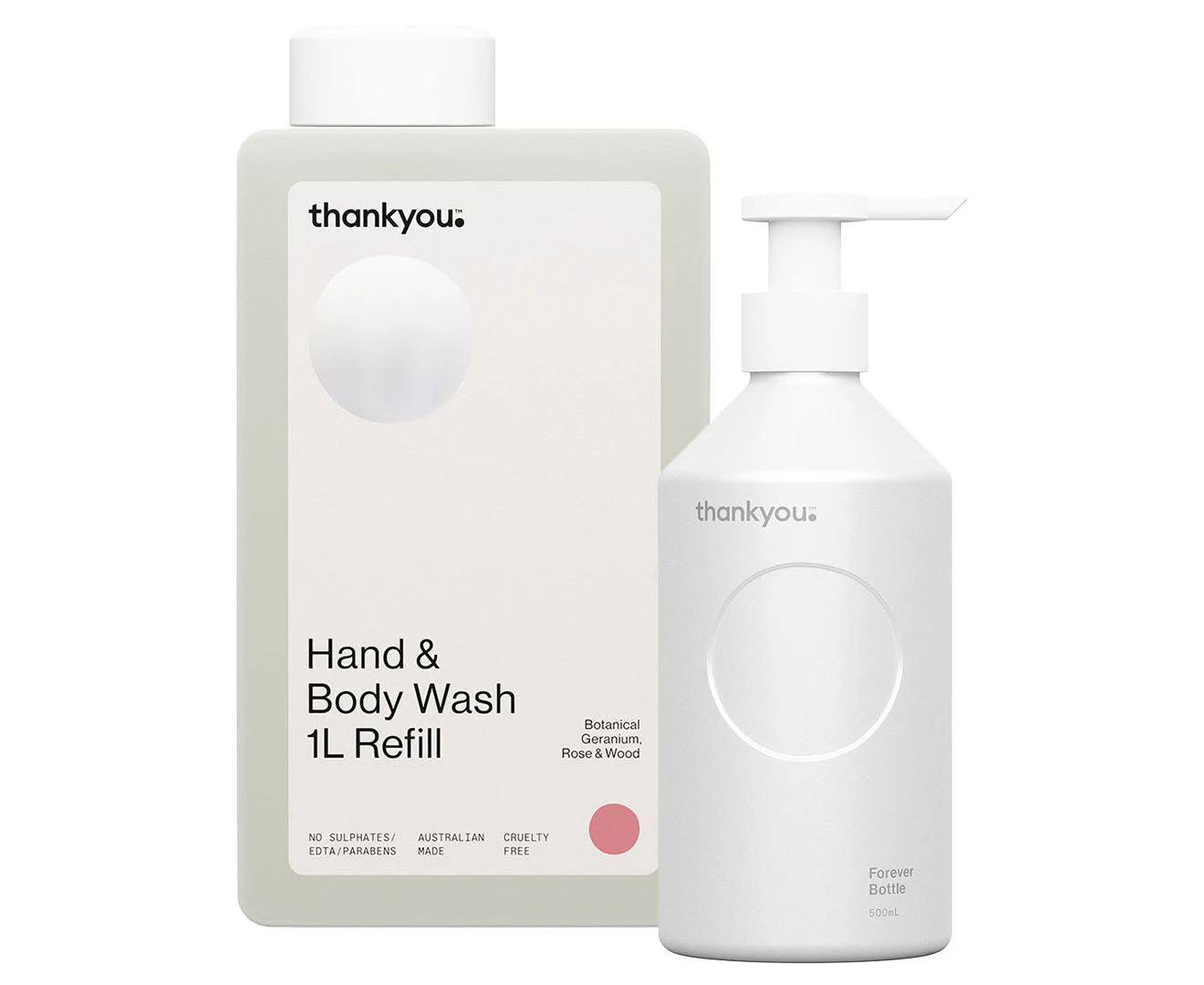 Thankyou. Hand & Body Wash Refill Botanical Geranium, Rose & Wood + Forever Bottle - White