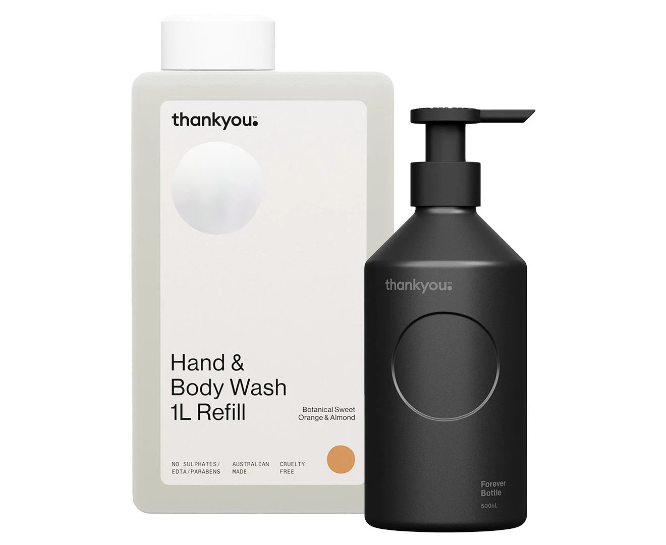 Thankyou. Hand & Body Wash Refill Botanical Sweet Orange & Almond + Forever Bottle - Black