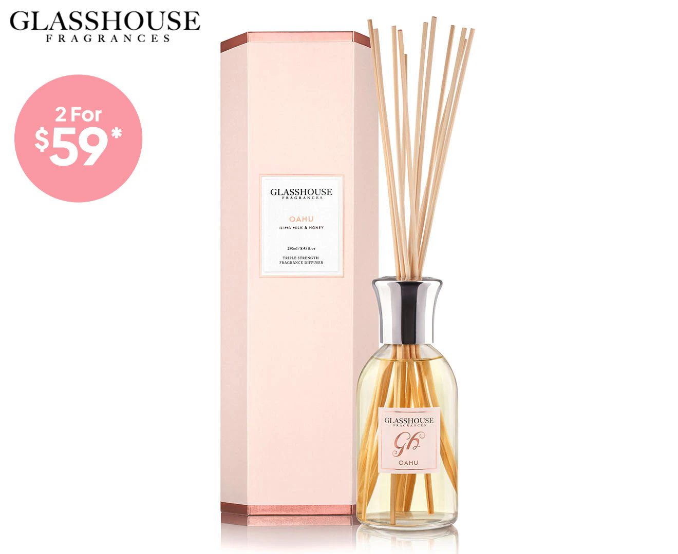 Glasshouse Fragrances Oahu Ilima Milk & Honey Triple Strength Reed Diffuser 250mL