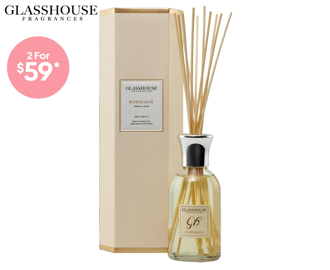 Glasshouse Fragrances Bordeaux Vanilla Noir Triple Strength Reed Diffuser 250mL