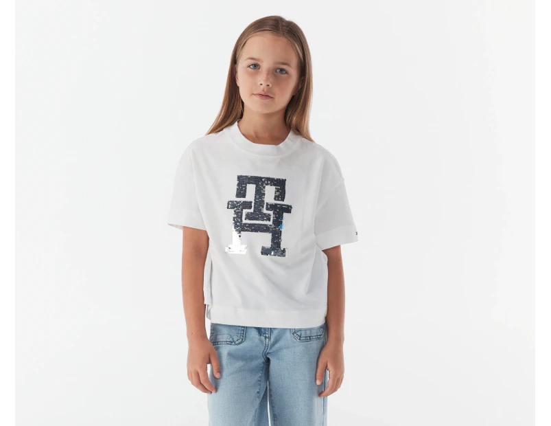 Tommy Hilfiger Girls' Monogram Sequins Short Sleeve Tee / T-Shirt / Tshirt - White