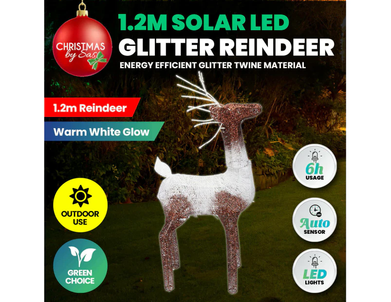 Christmas By Sas 1.2m Reindeer Glitter Wire Solar LED Warm White Auto Sensor