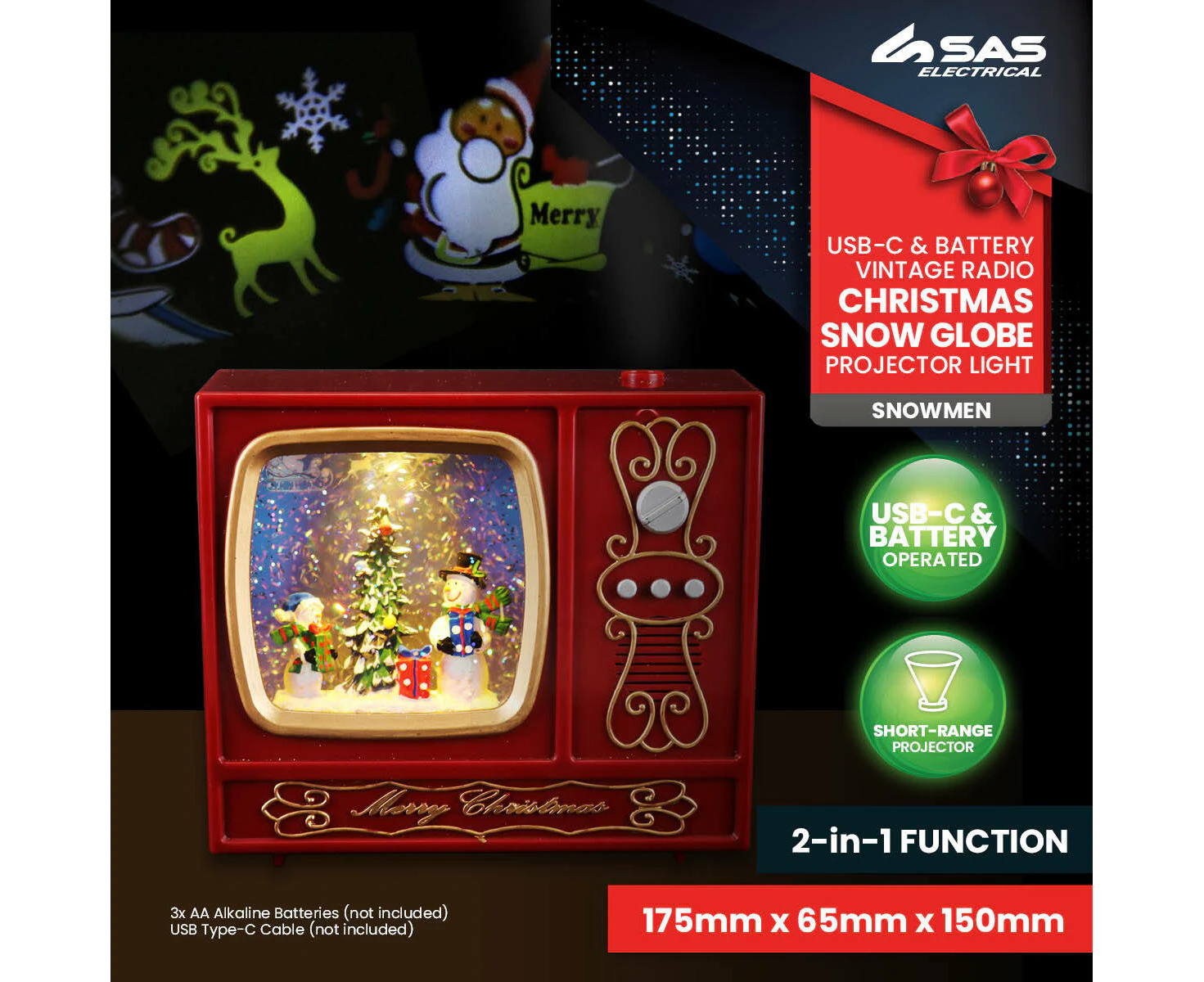 SAS Electrical 2-in-1 Vintage Radio Christmas Snowmen Snow Globe & Projector