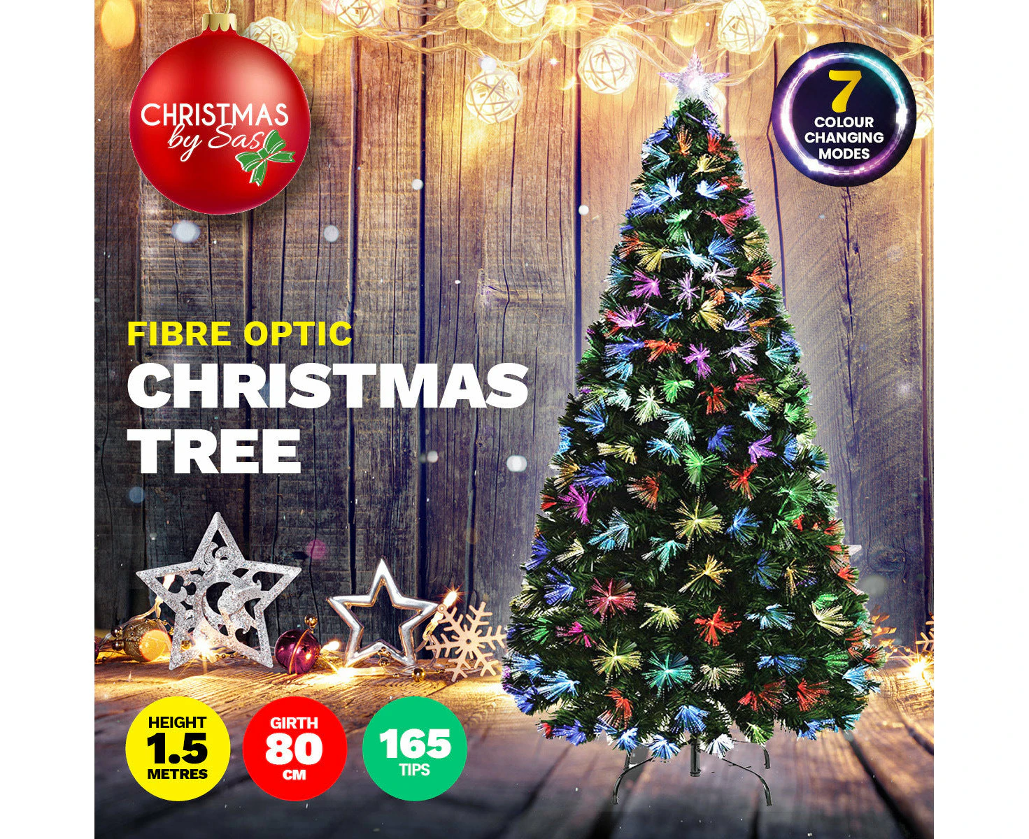 Christmas By Sas 1.5m Fibre Optic Christmas Tree 165 Tips Multicolour Lights & Star