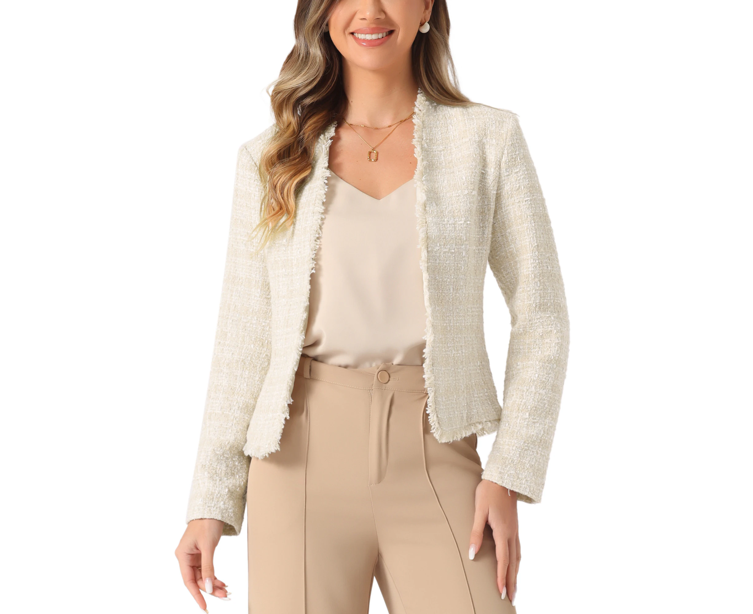 Allegra K Plaid Tweed Work Blazer Beige