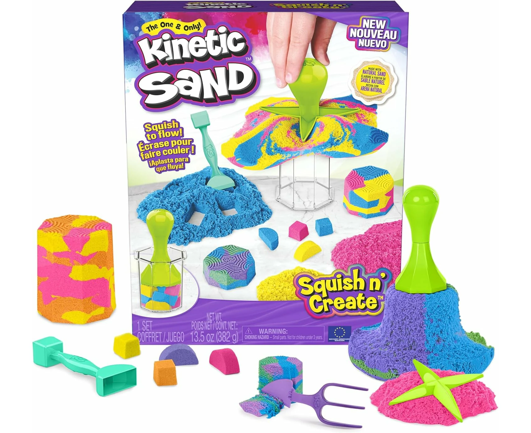 Kinetic Sand, Squish N� Create with 13.5oz of Blue, Yellow, and Pink Play Sand, 5 Tools, Sensory Toys for Kids Ages 3 and Up