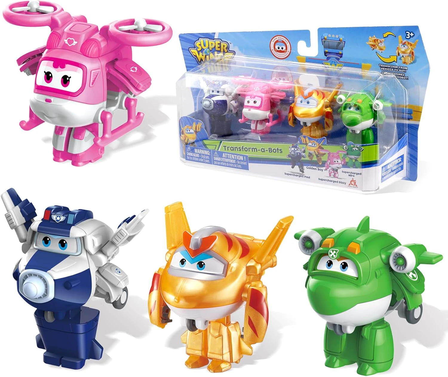 Super Wings 2&#34; Transform-a-Bot 4-Pack, Supercharged Paul, Dizzy, Golden Boy, Mira, Airplane Toys Mini Action Figures, Preschool Toys for 3 4 5