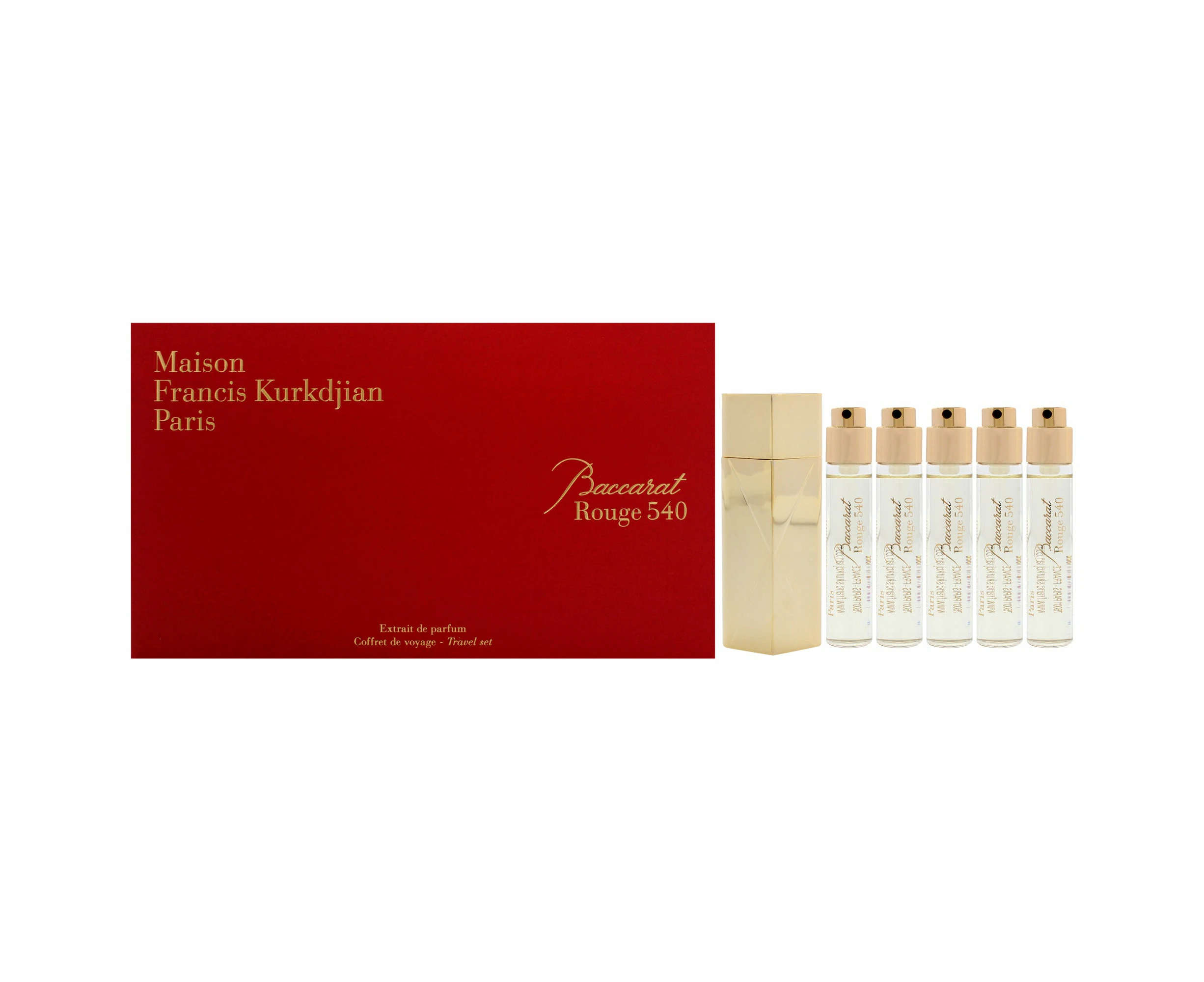 Baccarat Rouge 540 Travel Set by Maison Francis Kurkdjian for Unisex - 6 Pc Gift Set 5 x 0.37 Extrait De Parfum Spray (Refill), Case Gold (Empty)