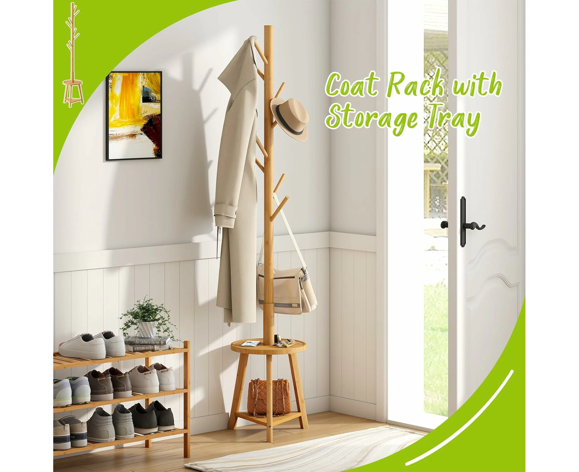 Coat Rack freestanding Stand with 2 Shelves Bamboo Wooden Coat Tree Easy Assembly 8 Hooks Standing Jackets Hanger Hallway Office Floor Coat Stand