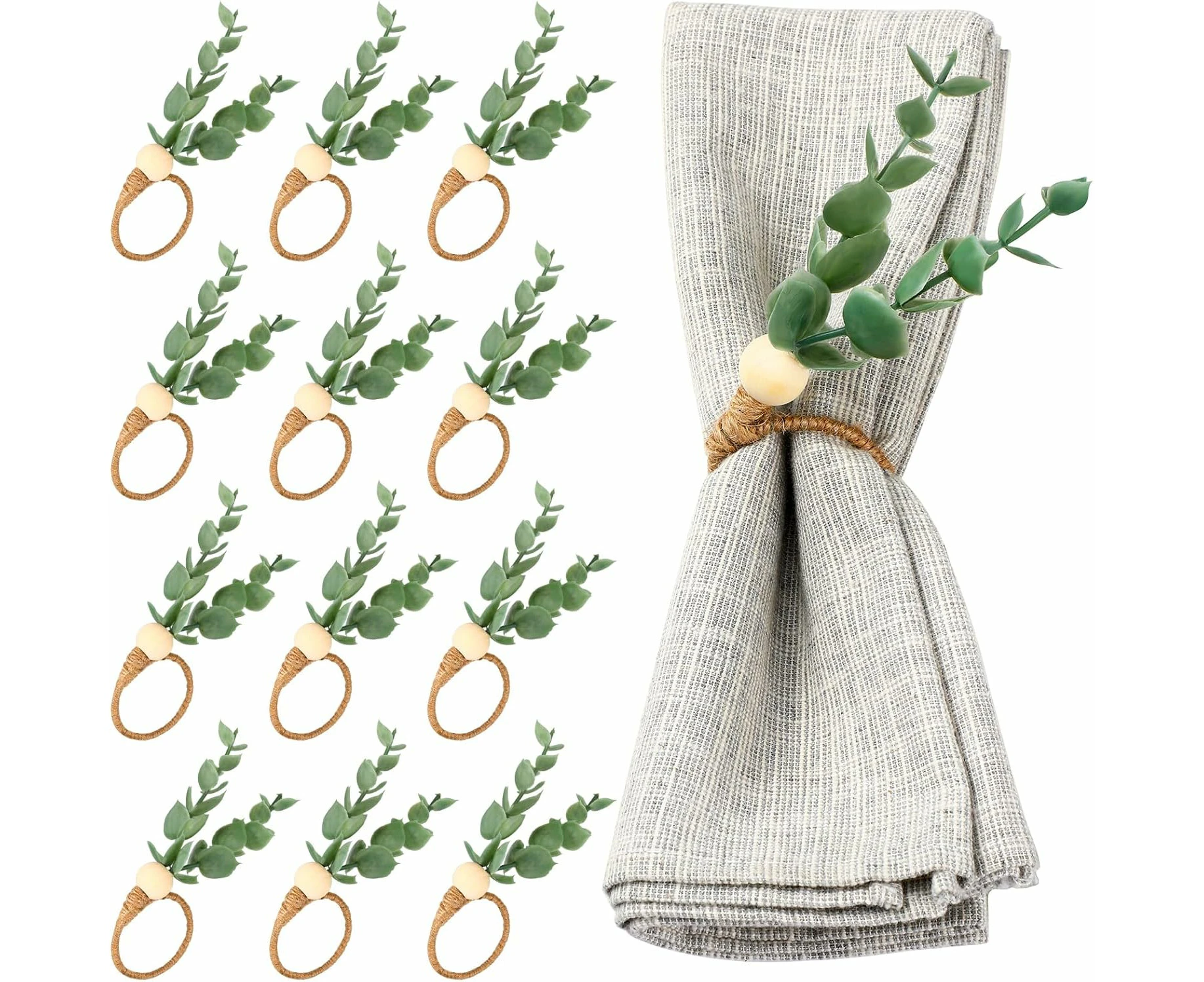 12 PCS Napkin Rings Set Eucalyptus Napkin Rings Greenery Leaf Boho Napkin Rings Rustic Farmhouse Wooden Napkin Holders for Wedding Home Dining Banquet