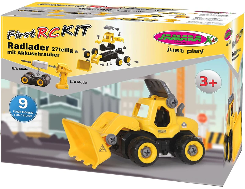 Jamara Wheel Loader First RC Kit - 27 Piece Build & Play Set with Cordless Screwdriver - Remote Control Construction Toy for Kids - Christmas Present