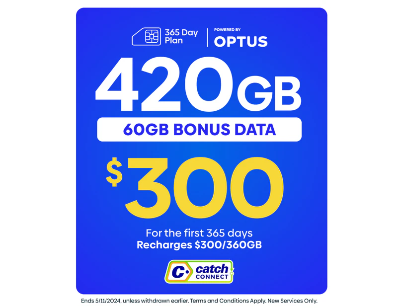 Catch Connect 365 Day Mobile Plan - 360GB (+60GB Bonus Data)