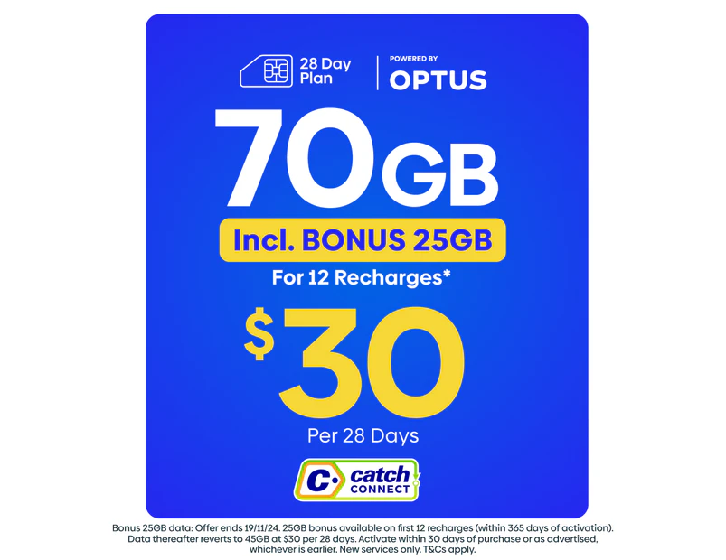 Catch Connect 28 Day Mobile Plan - 45GB (+25GB Bonus Data)