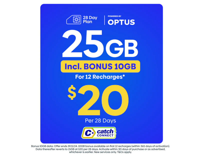 Catch Connect 28 Day Mobile Plan - 15GB (+10GB Bonus Data)