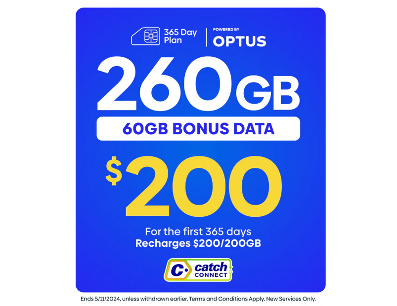 Catch Connect 365 Day Mobile Plan - 200GB (+60GB Bonus Data)