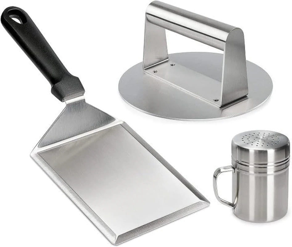 Smashed Burger Kit: Stainless Steel Burger Press, Grill Spatula, Spice Dredge Shaker, Gift Package