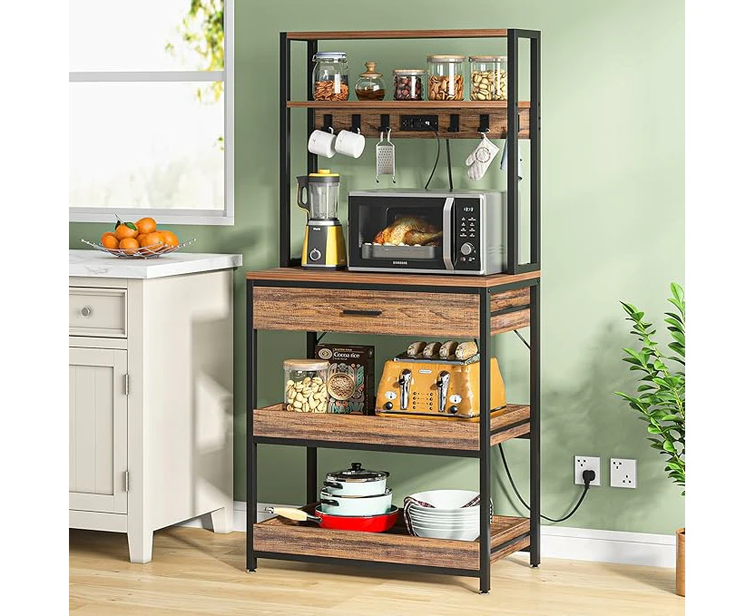 Tribesigns Kitchen Bakers Rack with Power Outlets 5-Tier Sliding Shelves with 6 Hooks Rustic Brown