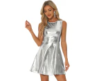 Allegra K Metallic Sleeveless High Waist Club Party Dress Shiny Silver