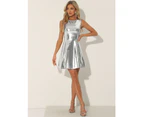 Allegra K Metallic Sleeveless High Waist Club Party Dress Shiny Silver