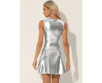 Allegra K Metallic Sleeveless High Waist Club Party Dress Shiny Silver