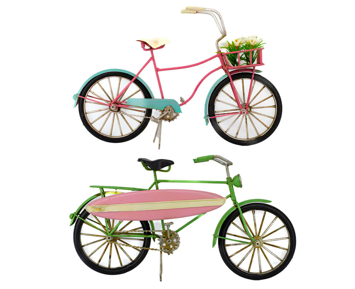 2pc Boyle Bicycle w/ Surfboard and Bicycle w/ Flower Basket Home Ornament Decor