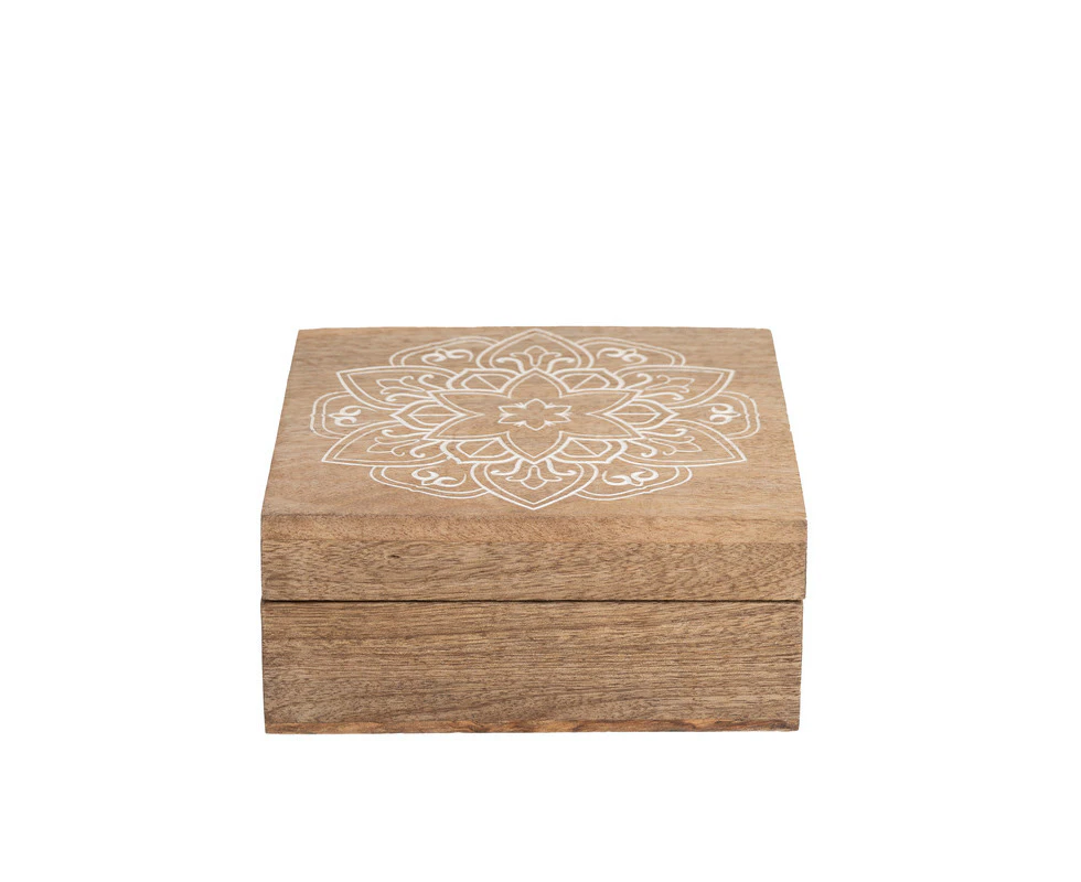 Willow & Silk Handmade 14cm Wooden Carved Mandala Trinket Box