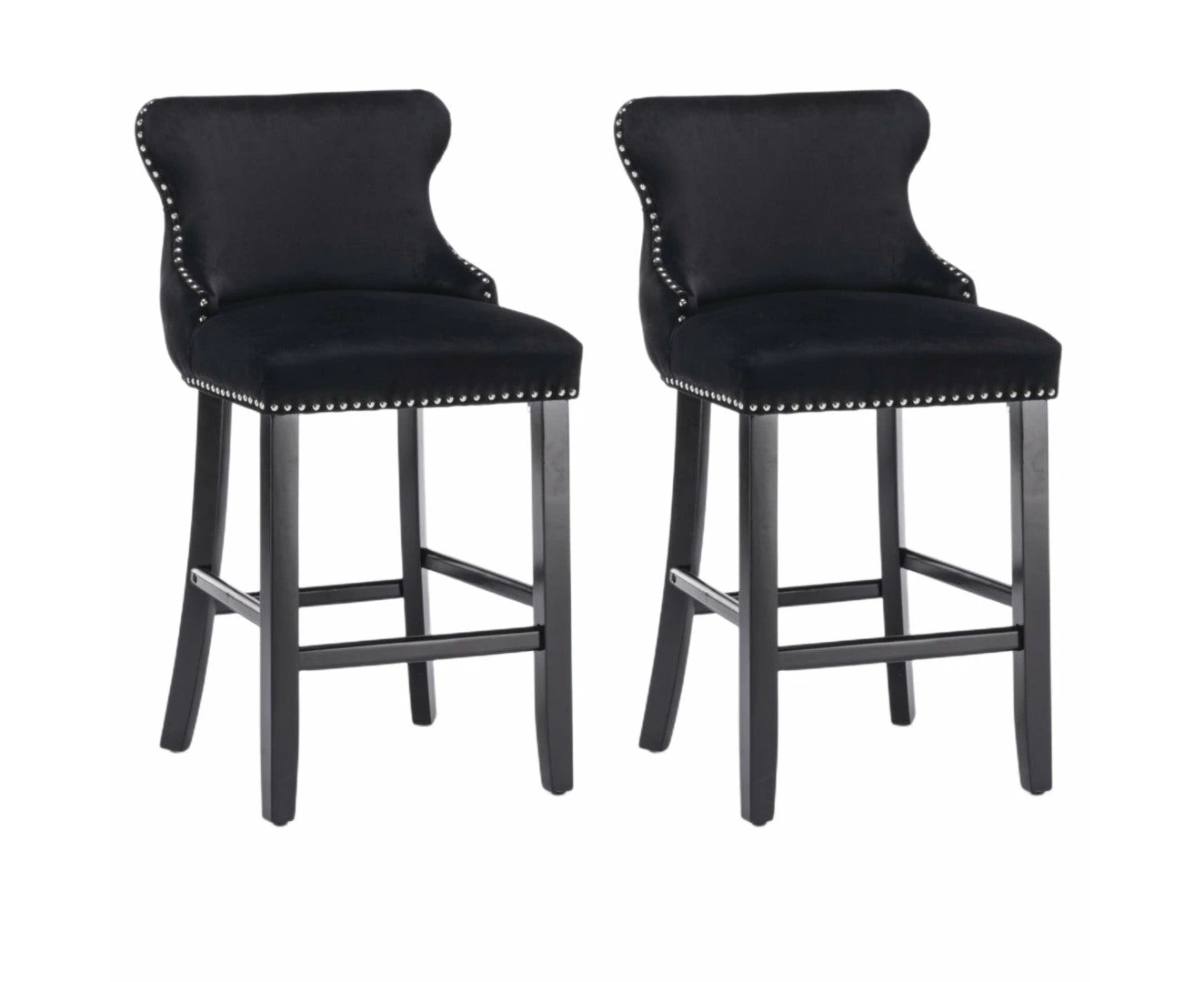 2x Velvet Upholstered Button Tufted Bar Stools with Wood Legs and Studs-Black