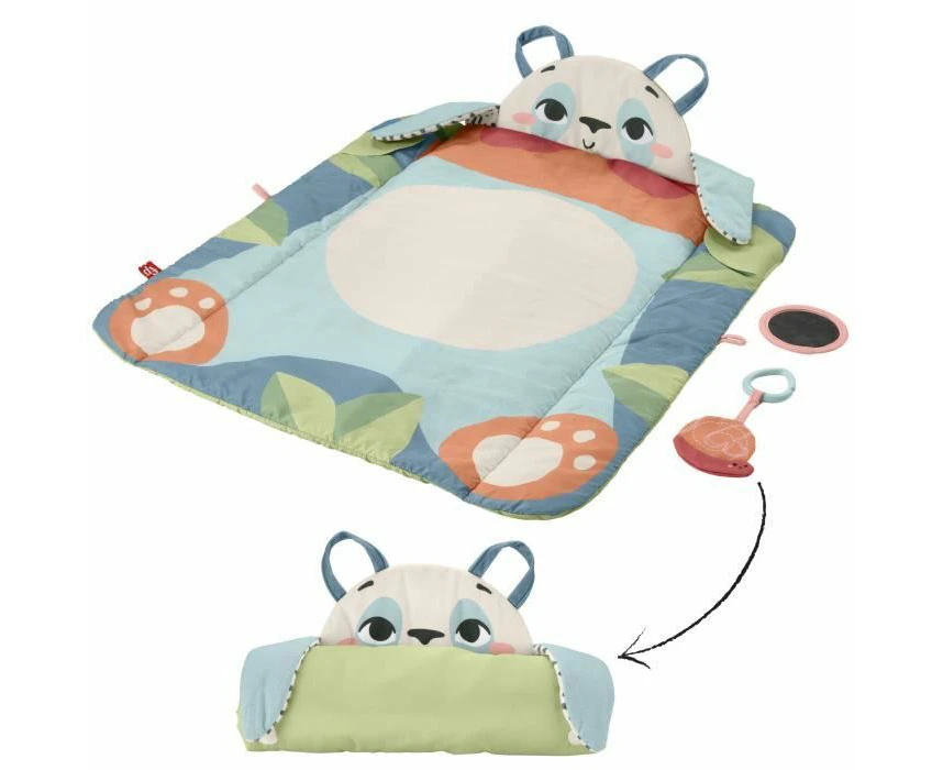 Fisher-Price Baby Activity Play Mat Planet Friends Roly-Poly Panda with 2 Toys for Newborn Tummy Time Play, Made of 90% recycled Plastic and FSC certified