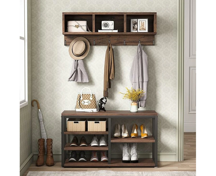 Tribesigns Industrial [Shoe] [Rack] [Bench] with Coat [Rack] Set with Hall Tree 3 Storage Cubbies 7 Hooks Rustic Brown