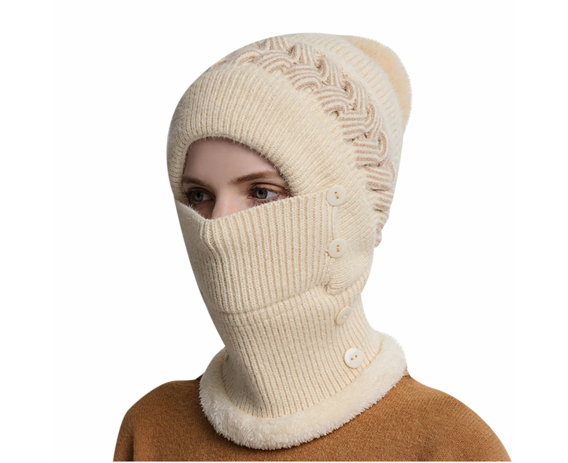 Women's winter scarves knitted hat scarf mask wool cap with hair balls, winter warm neck protector for women