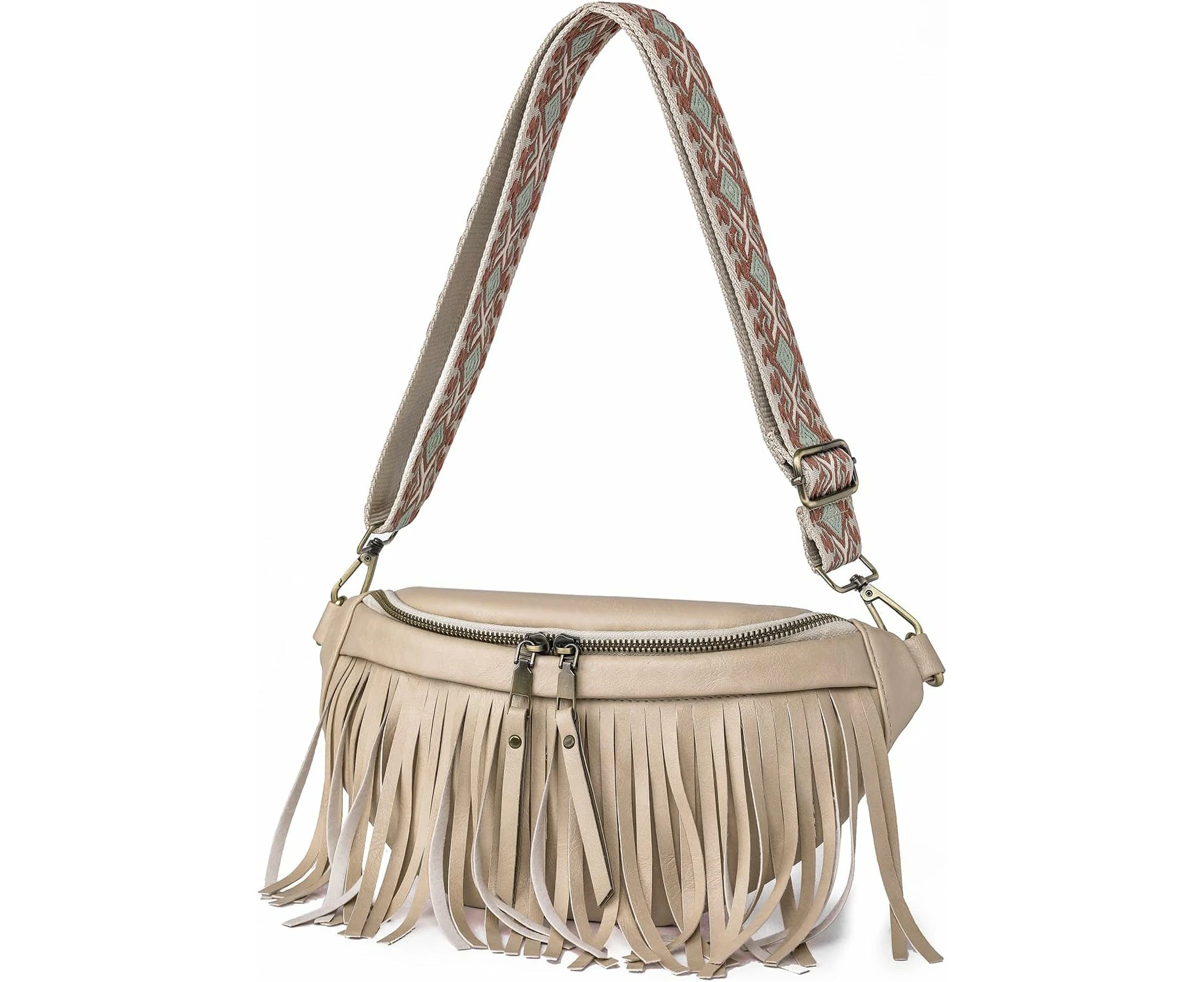 Women's faux leather shoulder bag with detachable tassel, Retro style, Luxury lightweight waist bag, White, Elegant design