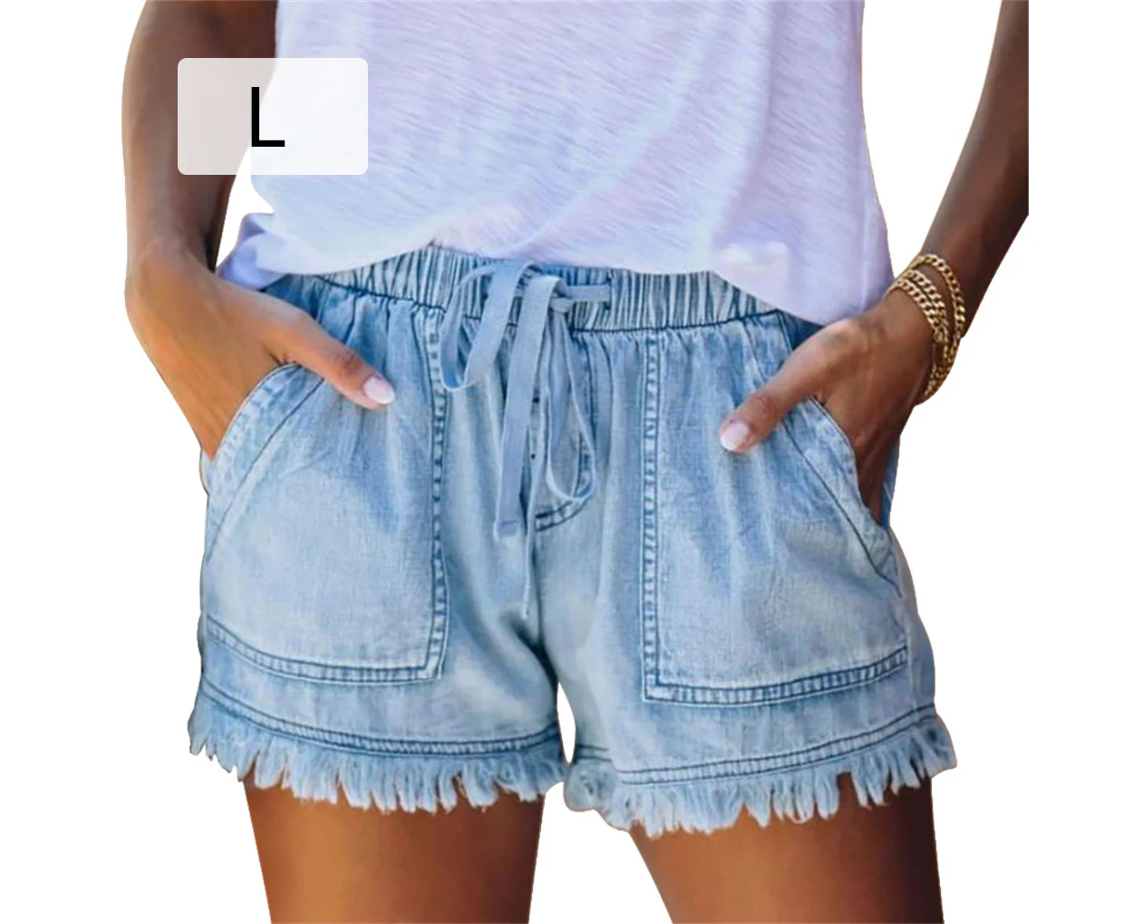 Denim Shorts High Waist Women Jean Short Pants with Pocket Summer Clothing Light Blue L