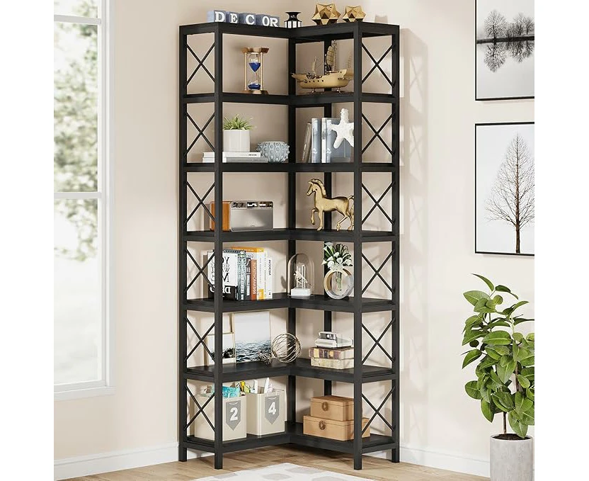 Tribesigns 7-Shelf Corner Bookshelf Large Modern 7-Tier Tall Corner Shelf Storage Display Rack with Metal Frame Black