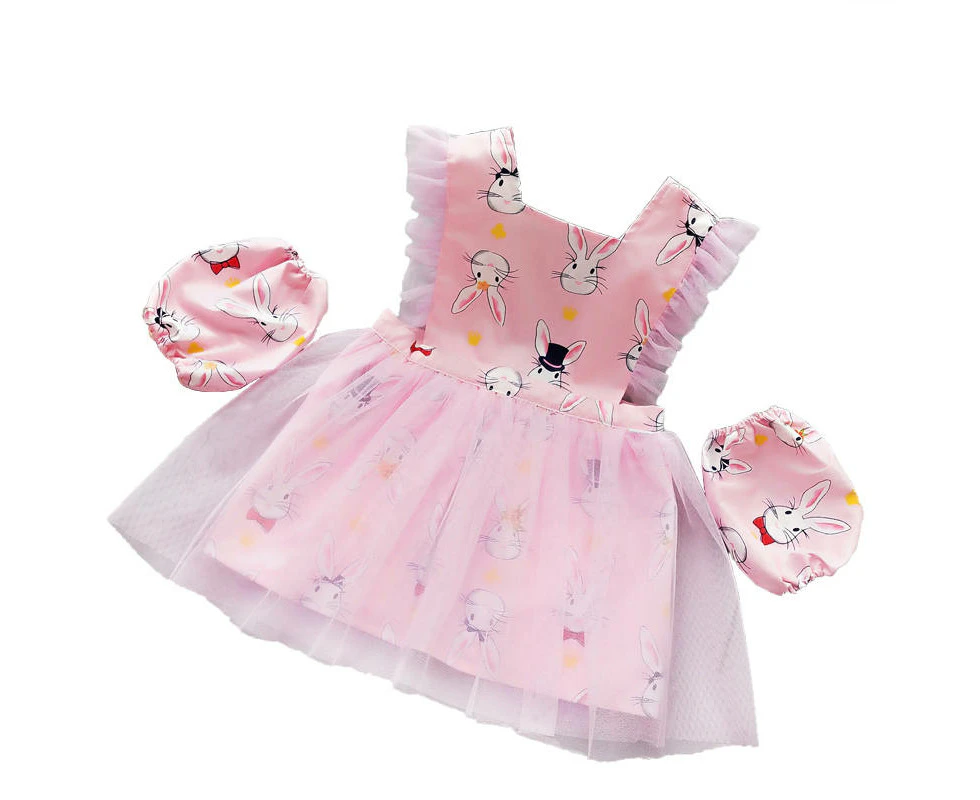 Madesmart Girls Princess Dress Apron with Sleeves Covers for Cooking Painting-Pink Rabbit