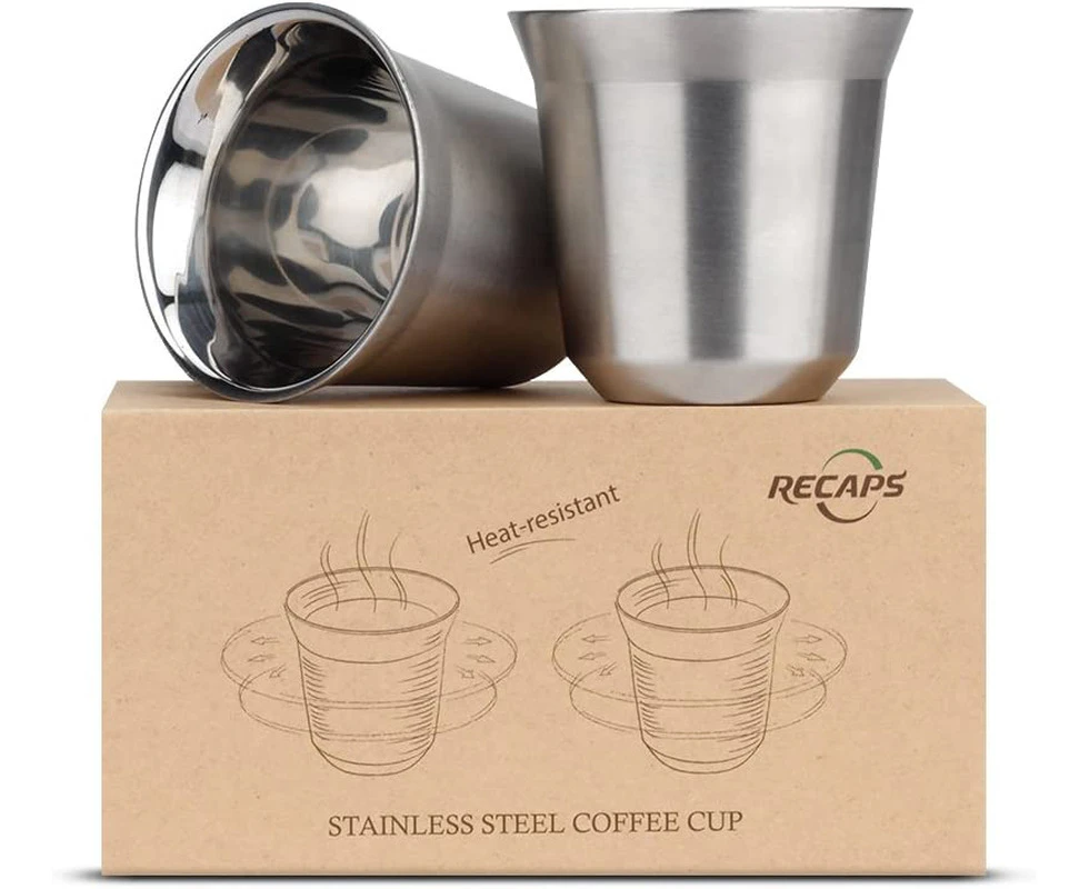 80ml Stainless Steel Espresso Cups Set - 2 Pack Double Wall 304 Stainless Steel Demitasse Cups 2.7oz by RECAPS