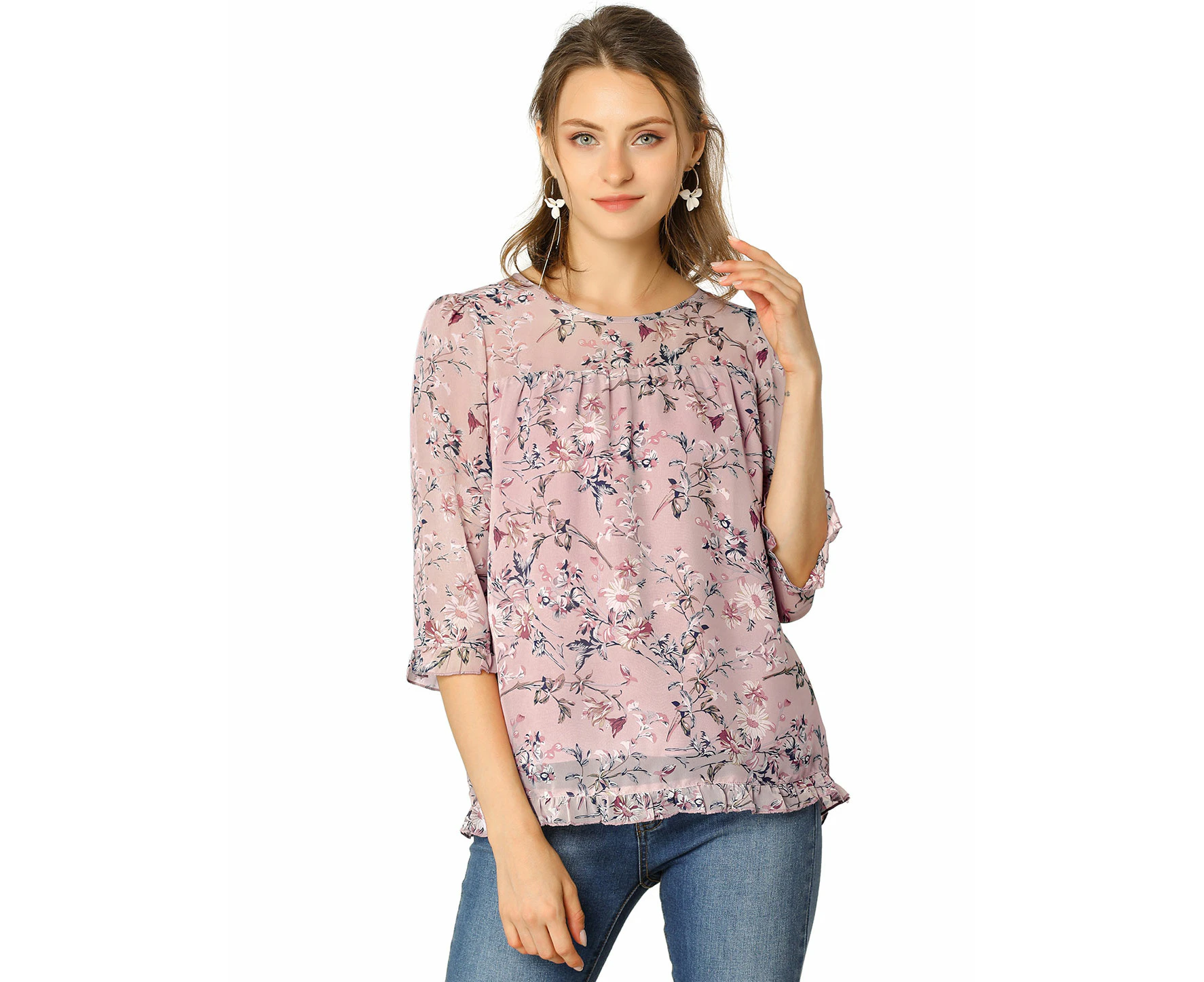 Allegra K Ruffle 3/4 Sleeve Floral Chiffon Blouse Pink