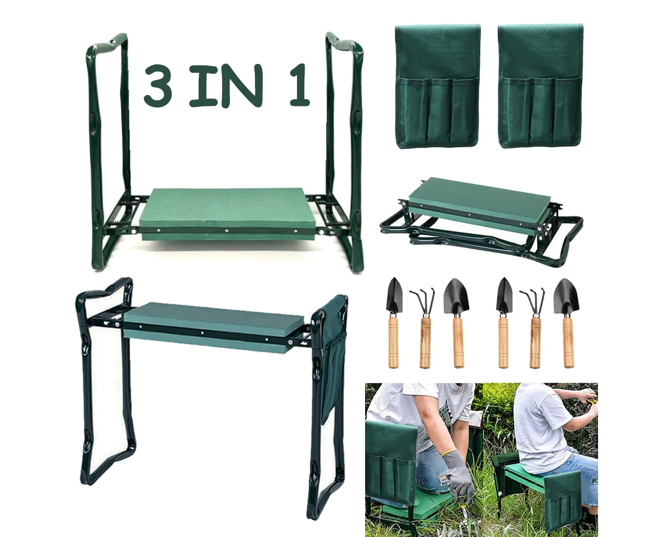 3 in1 Garden Seat Kneeler Foldable with 2 Tool Pouch Home Outdoor Bench Knee Pad