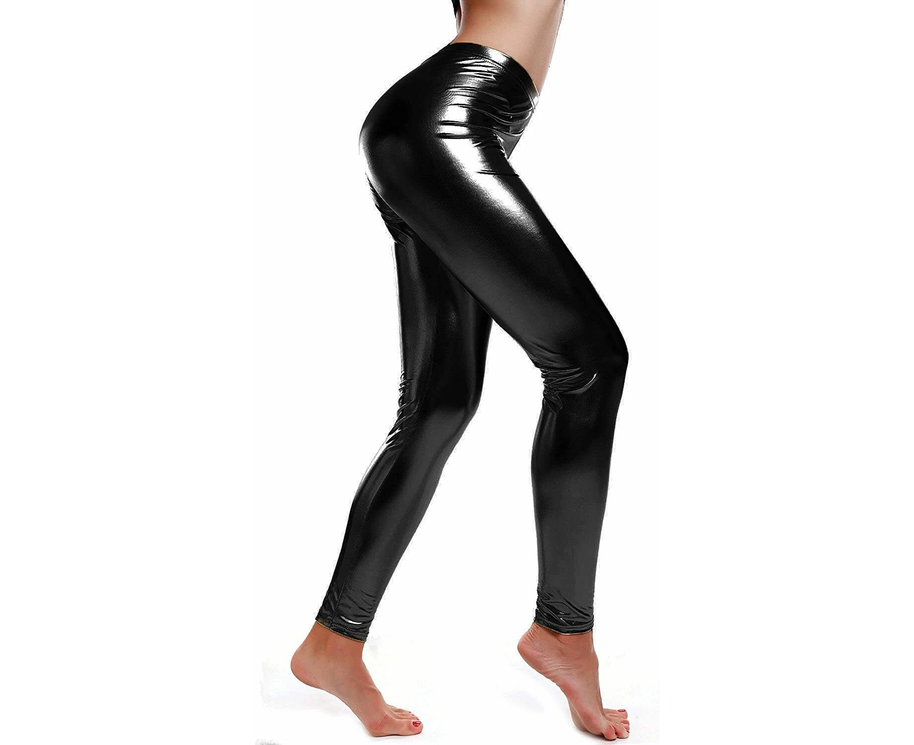 DELUXE METALLIC LEGGINGS Shiny Neon Stretch Dance Costume Fancy Dress Party - Black