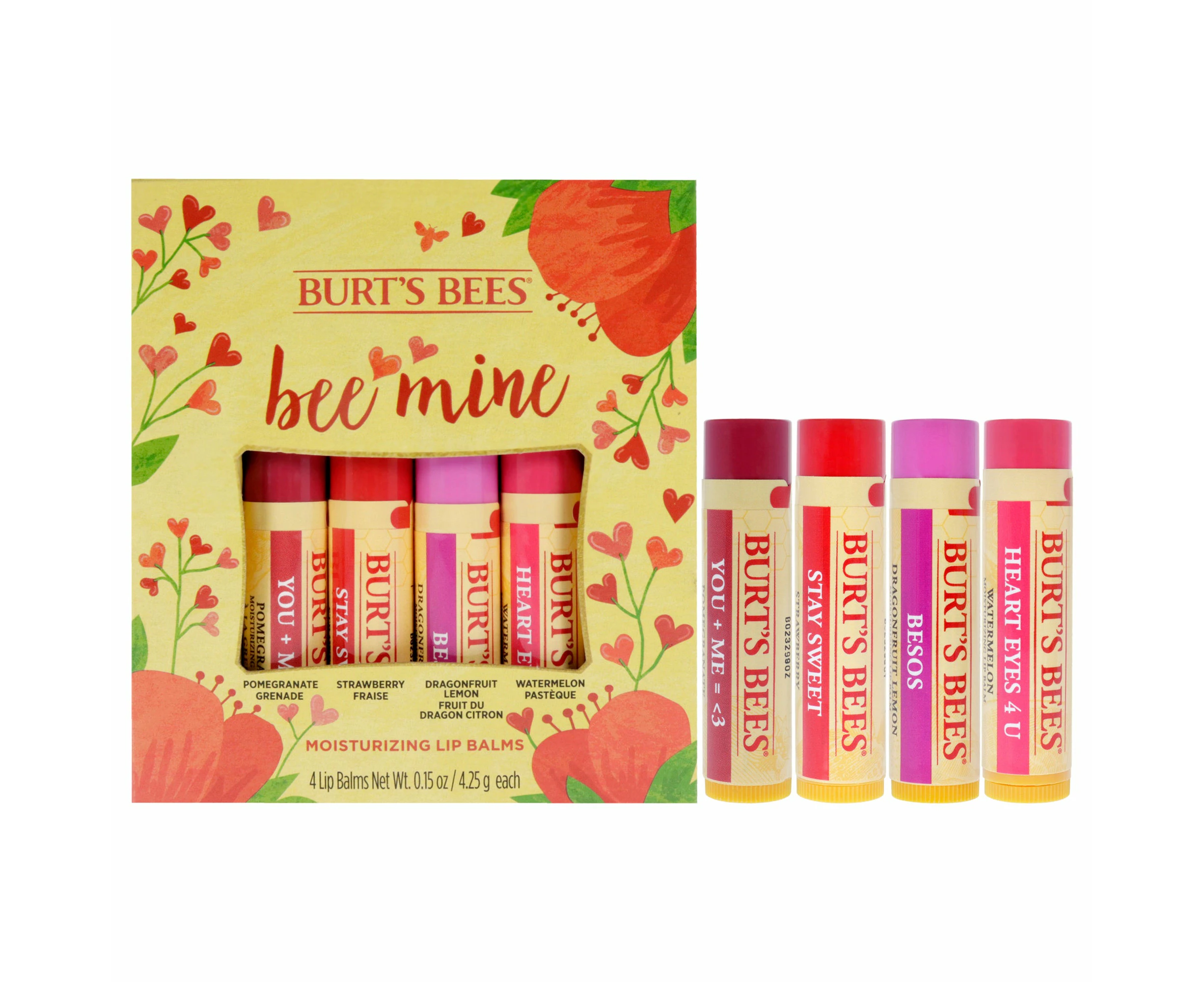 Burt's Bees Bee Mine Moisturizing Lip Balm Set by Burts Bees for Unisex - 4 Pc 0.15oz Watermelon Lip Balm, 0.15oz Dragonfruit Lemon Lip Balm, 0.15oz Str...