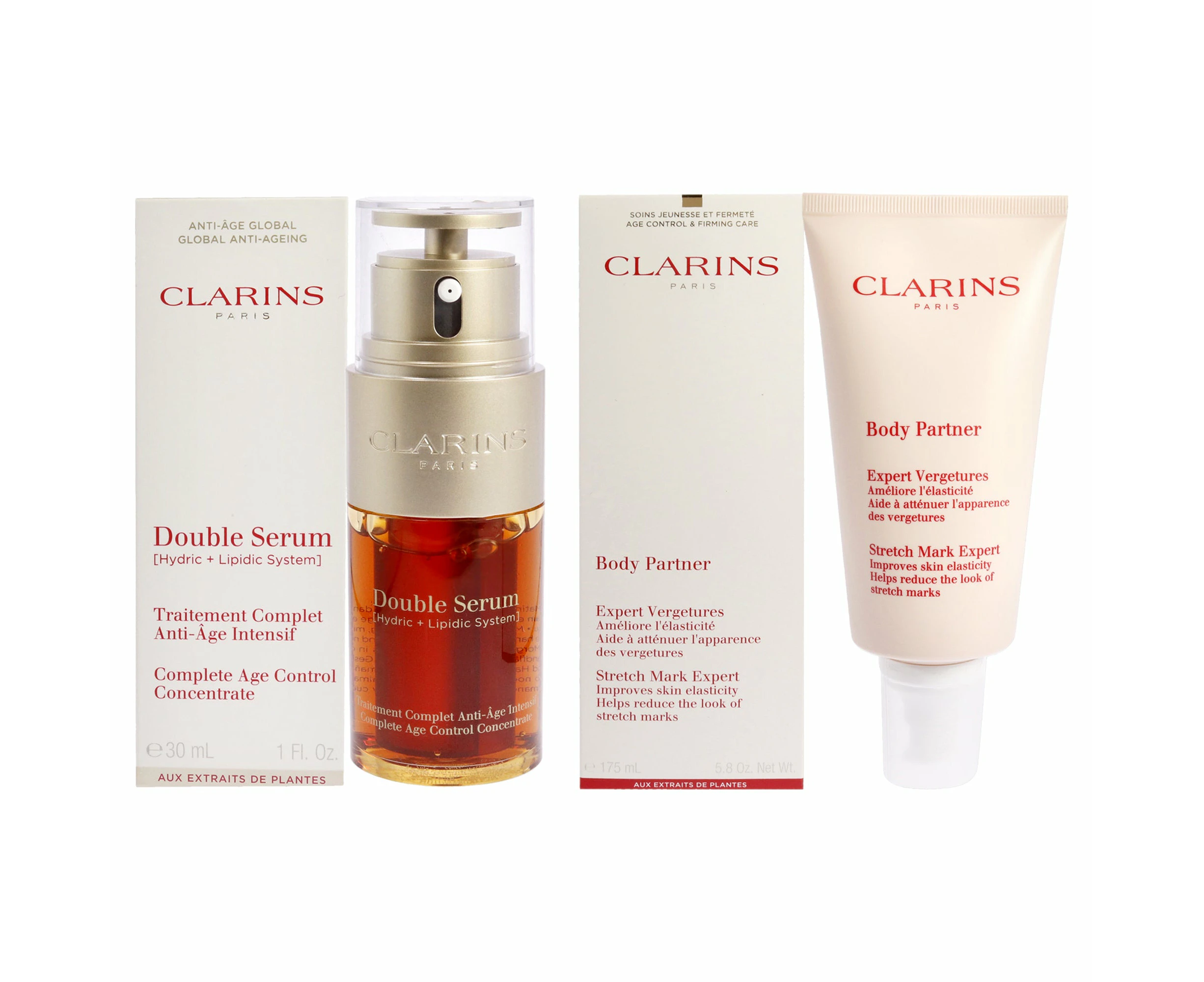 Double Serum Complete Age Control Concentrate and Body Partner Stretch Mark Expert Kit by Clarins for Unisex - 2 Pc Kit 1oz Serum, 5.8oz Body Lotion