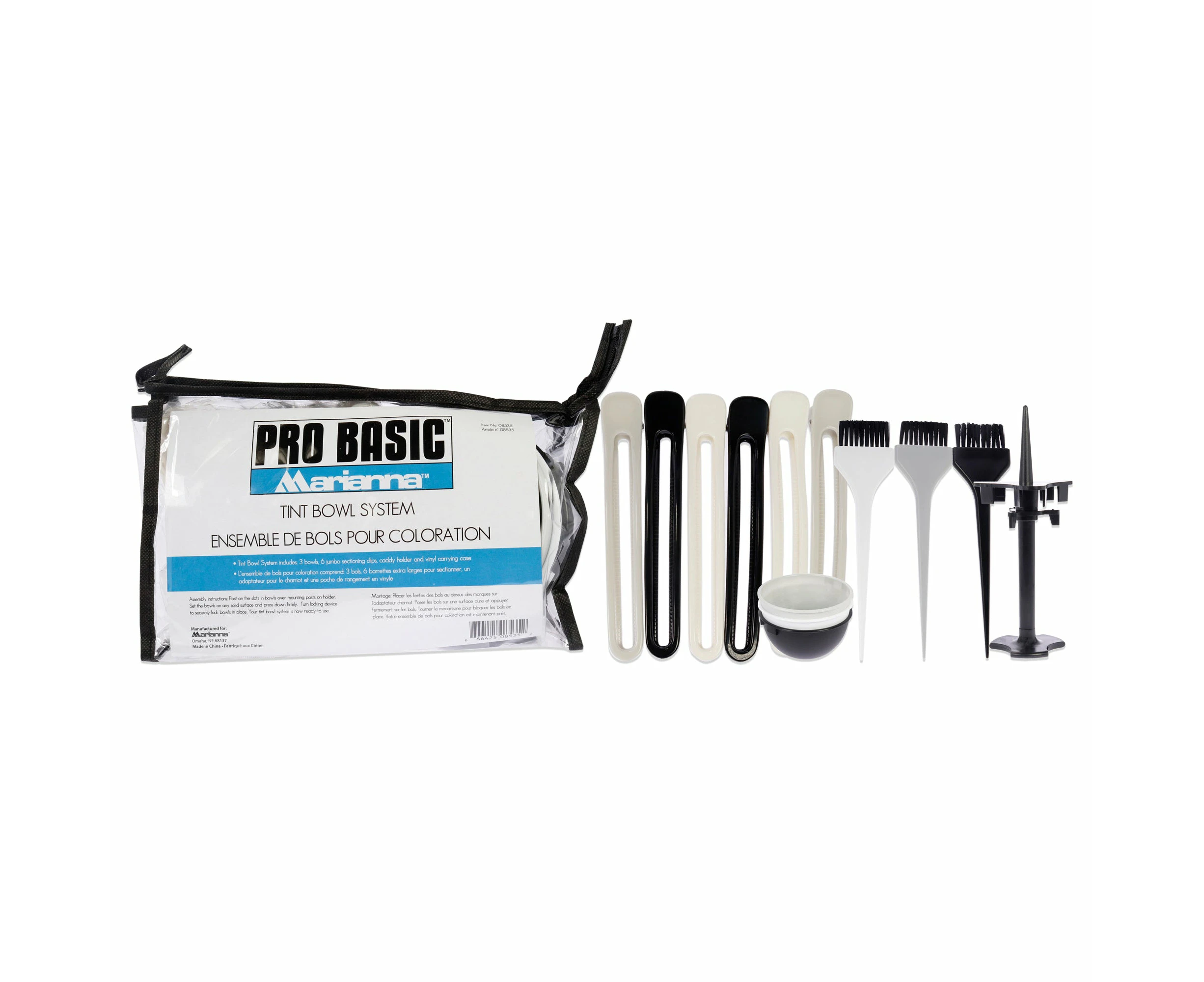 Pro Basic Tint Bowl System by Marianna for Unisex - 14 Pc 3 Mixing Bowls, 6 Jumbo Sectioning Clips, 3 Tint Brush, Caddy Holder, Vinyl Carrying case