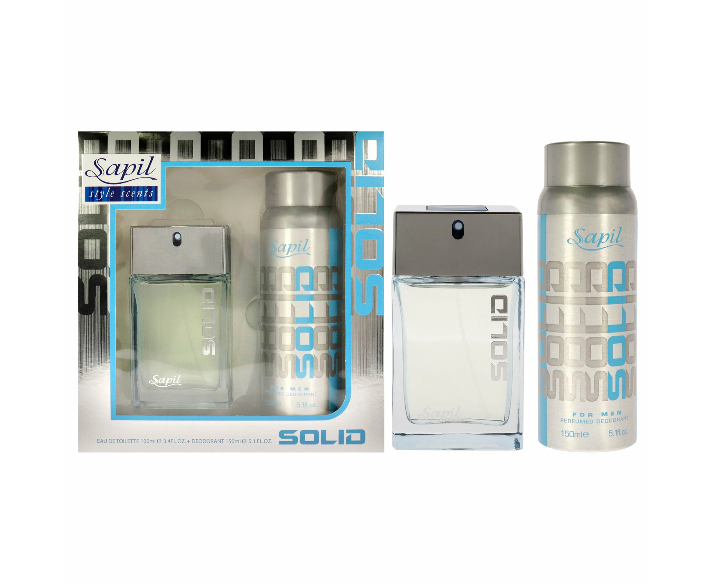 Solid Blue by Sapil for Men - 2 Pc Gift Set 3.4oz EDT Spray, 5.1oz Deodorant Spray